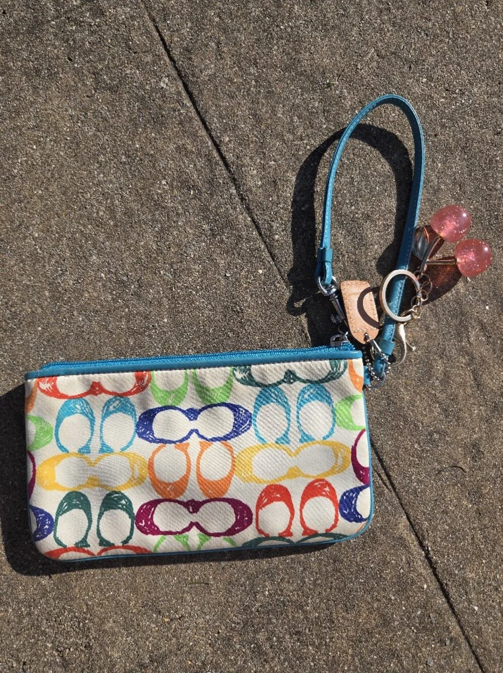 Vintage Y2K Coach Hampton Scribble Wristlet Teal  Multicolor & Cherry Charm 🍒